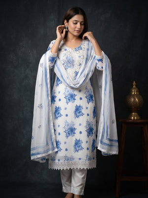 White & Blue Floral Sequins Embroidered Georgette Dress Material With Artistic Digital Prints - Image 1