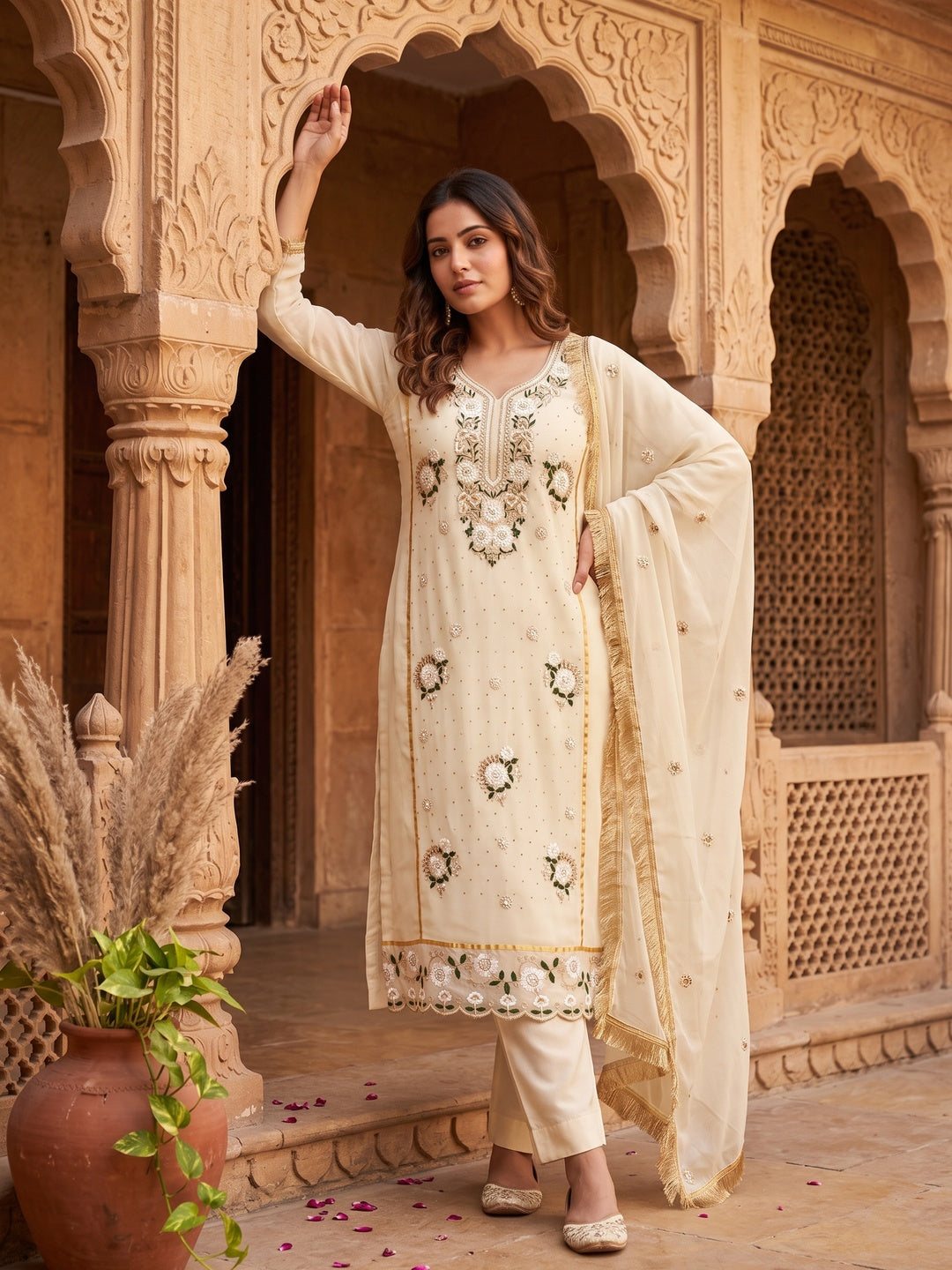 Cream Georgette Dress Material With Exquisite Floral Embroidery & Shimmering Stonework - Image 2