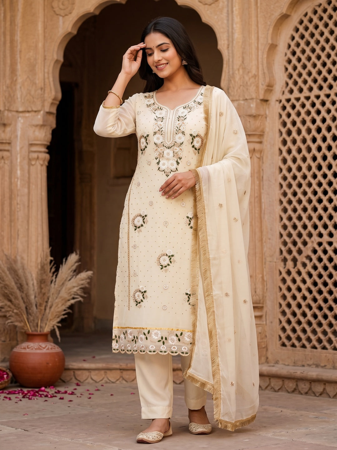 Cream Georgette Dress Material With Exquisite Floral Embroidery & Shimmering Stonework - Image 1