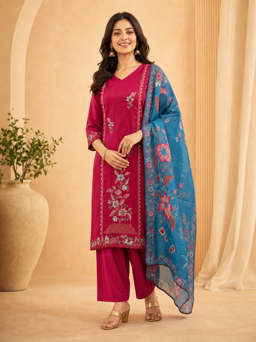 Peachmode Rani Pink Mul Chanderi Embroidered Salwar Suit - Image 2