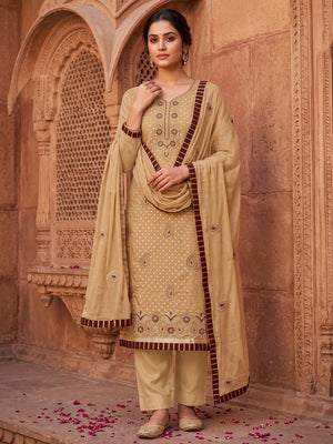 Beige Embroidered Fancy Fabric Dress Material - Image 1