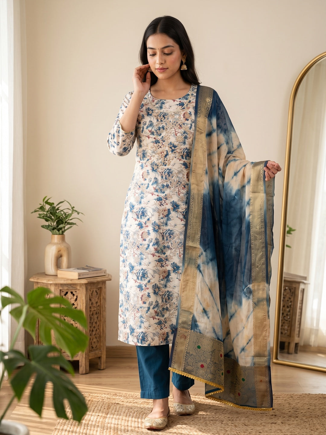 Blue Floral Printed With Handwork Pure Cotton Dress Material - Image 1