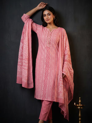 Pink Printed Pure Cotton Dress Material - Image 1