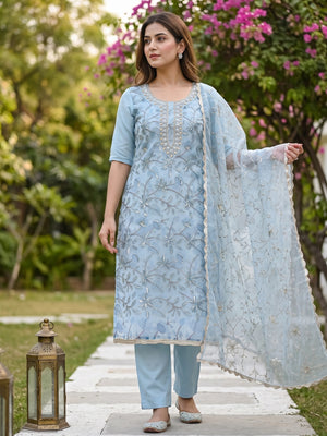 Blue Floral Sequins Embroidery With Handwork Organza Dress Material - Image 1