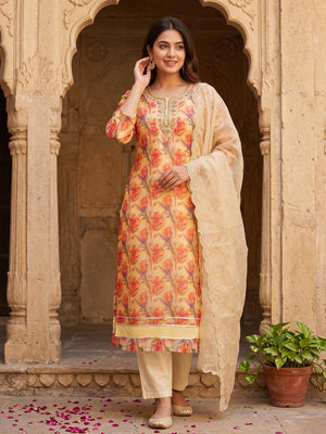Chikoo Bloom Charm With Floral Print & Delicate Sequins & Moti Handwork Dress Material - Image 1
