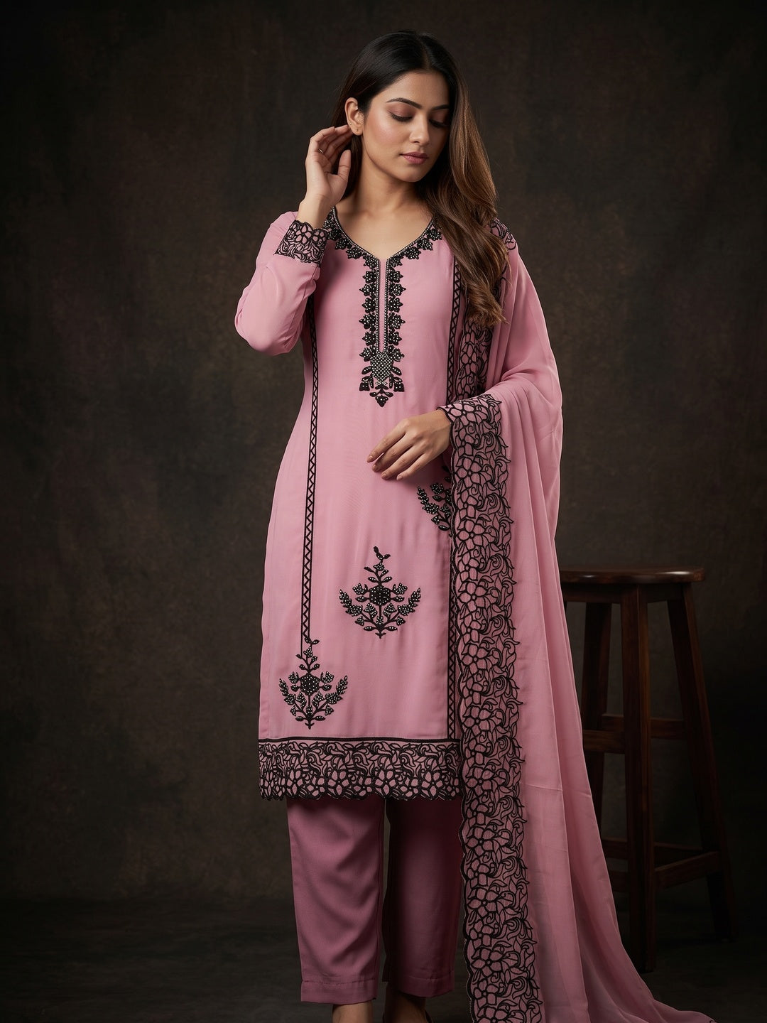 Pink Unstitched Georgette Dress Material Featuring Thread Detailing - Image 1