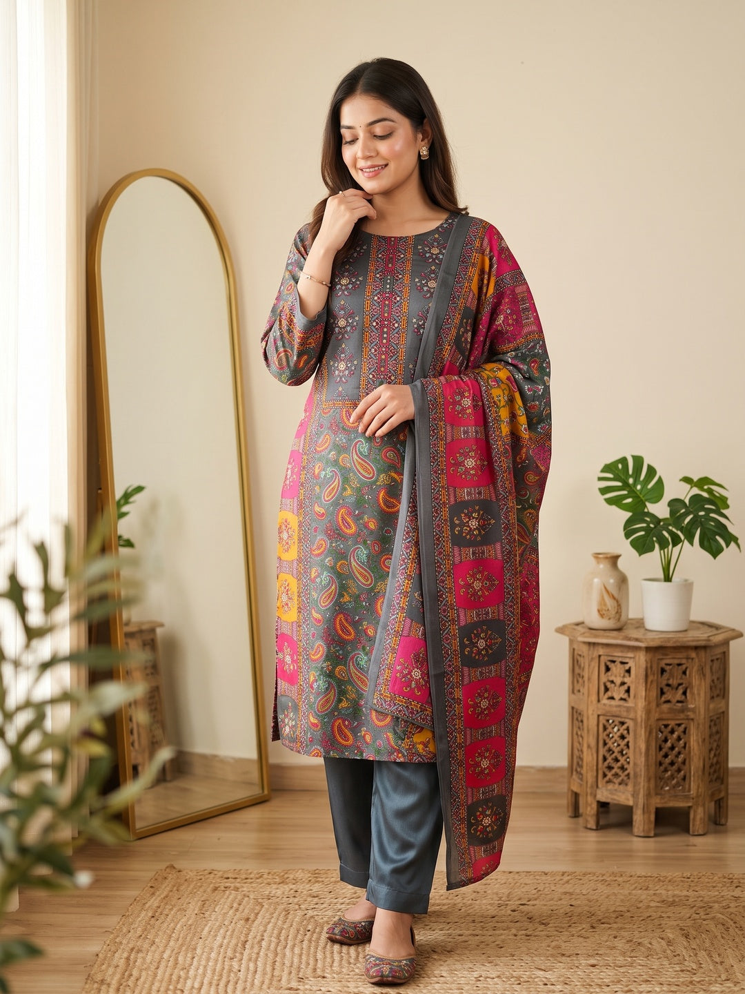 Grey Pakistani Dress Material Featuring Soft Chinon Fabric and Timeless Floral Prints - Image 2