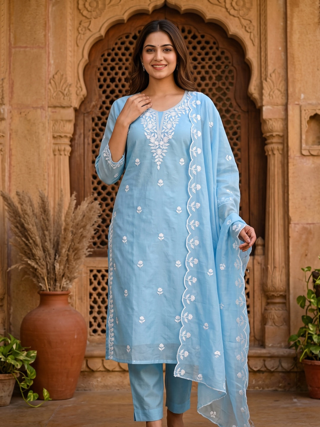 Blue Chanderi Cotton Dress Material With Delicate Floral Thread Embroidery - Image 1