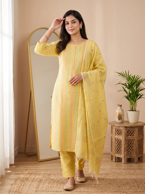 Yellow Poly Cotton Blend Dress Material Highlighted With Striped Woven Work