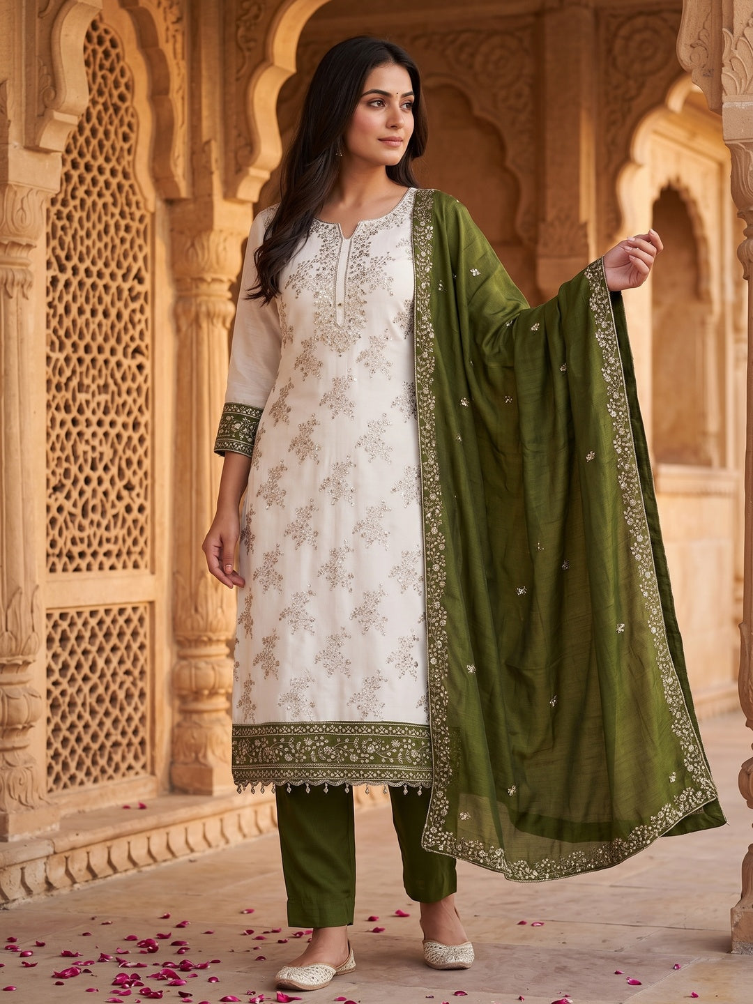 Green and Off White Vichitra Silk Fabric with Embroidered Detailing - Image 1