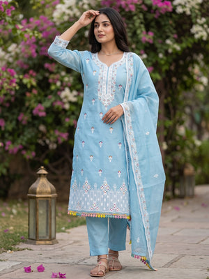 Blue Floral Embroidered Chanderi Dress Material - Image 1