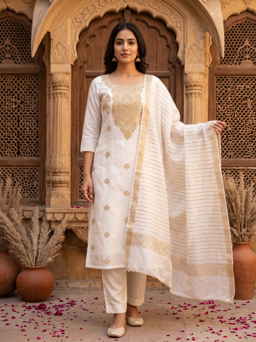 White Banarasi Silk Dress Material With Classic Zari Design - Image 2