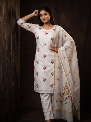 White Floral Embroidered Kota Doria Dress Material - Image 1