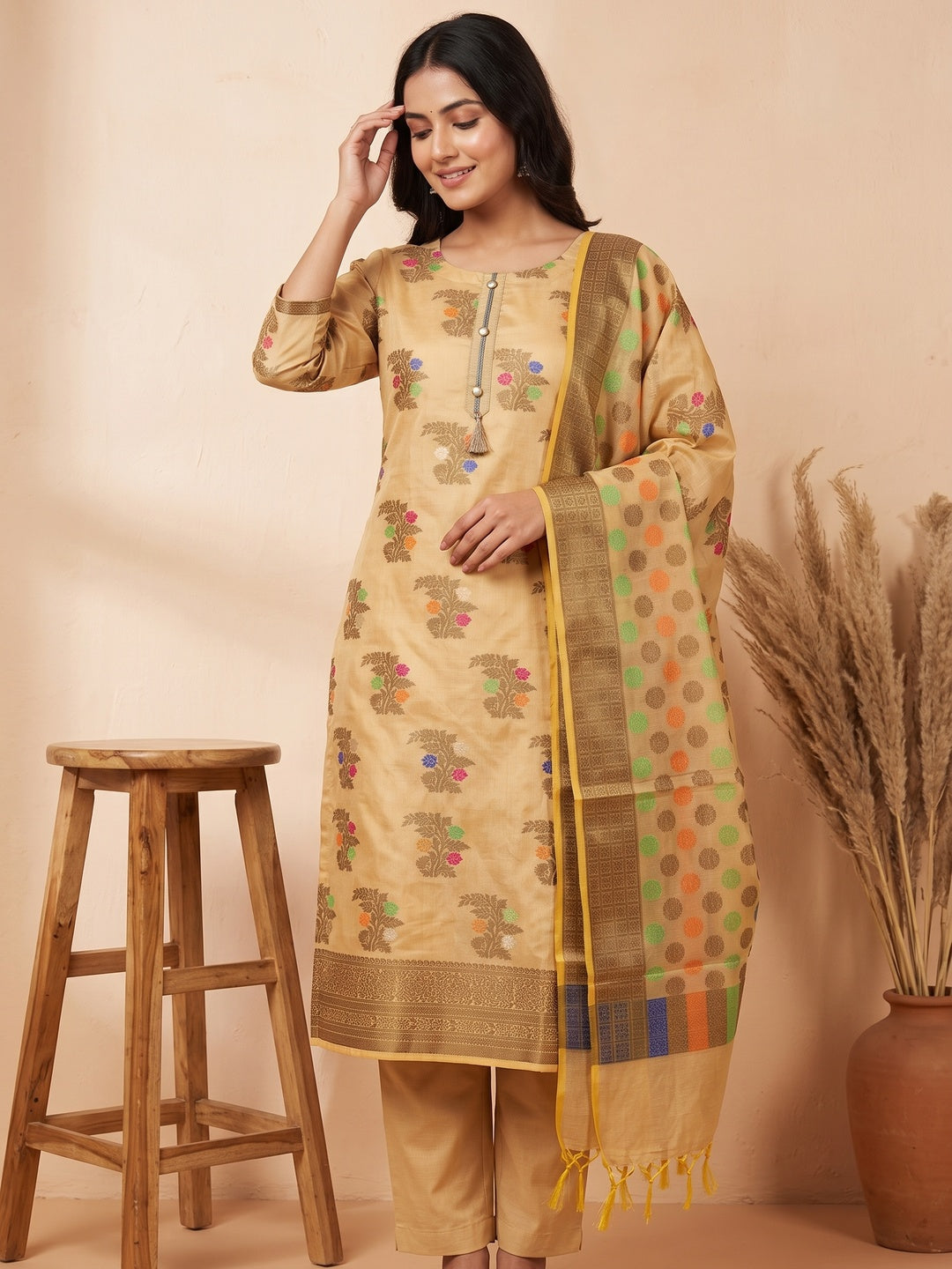Chikoo Festive Wear Floral Woven Banarasi Silk Dress Material - Image 1