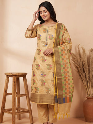 Chikoo Festive Wear Floral Woven Banarasi Silk Dress Material - Image 1