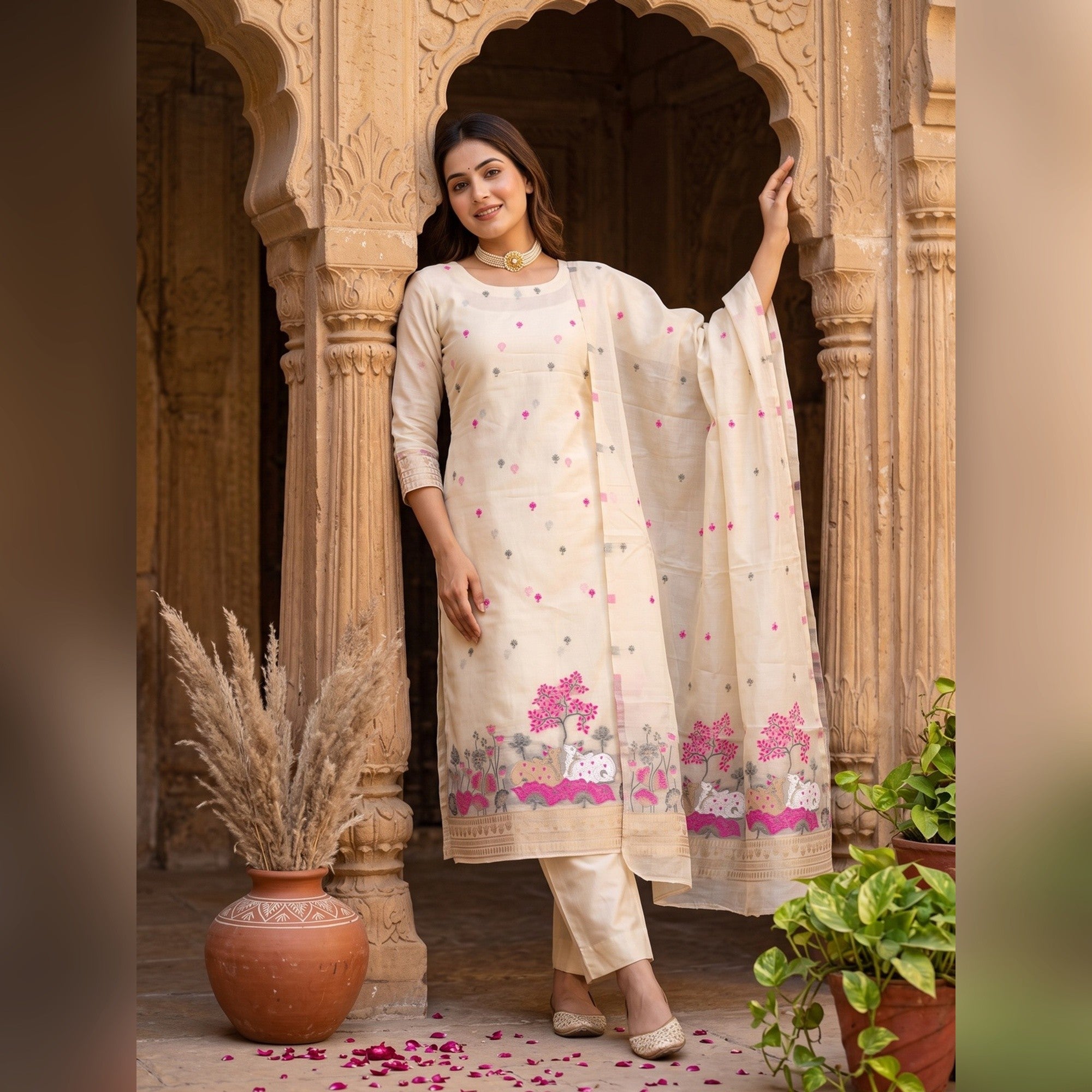 Premium Cream Chanderi Silk Weaving Dress Material With Artistic Floral & Animal Motifs - Image 1