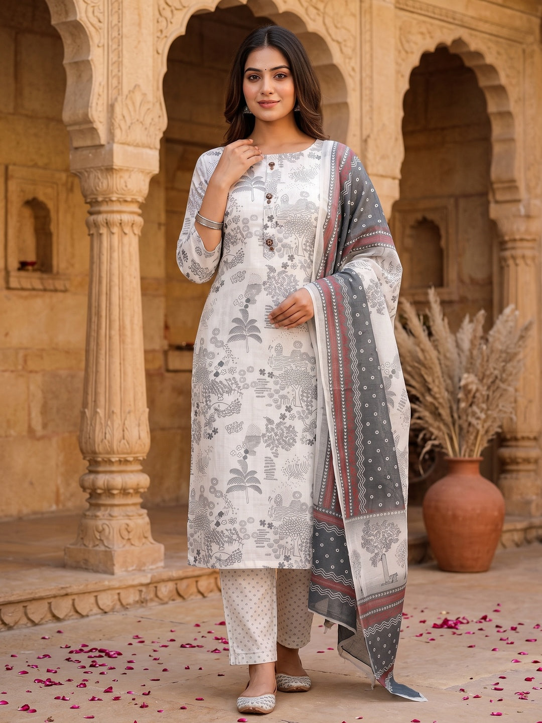 White & Grey Printed Linen Dress Material - Image 1