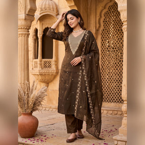 Deep Brown Party Wear Shimmer Dress Material with Floral Embellishment - Image 1