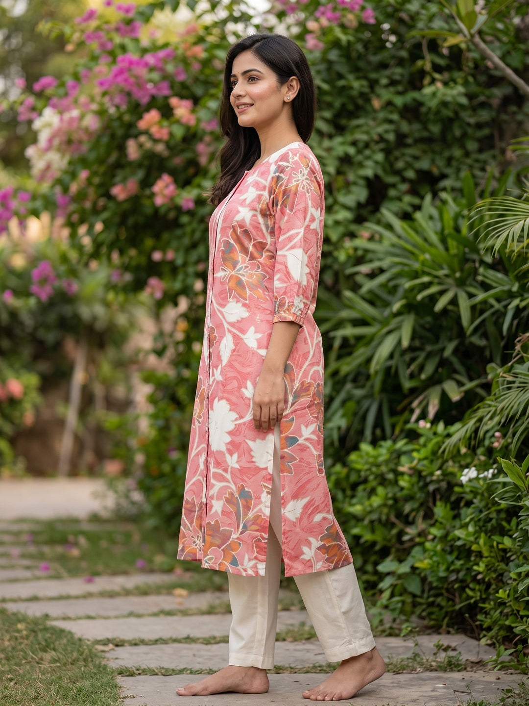 Pink Floral Printed Rayon Kurti with Subtle Foil Detailing and A-Line Fit - Image 3
