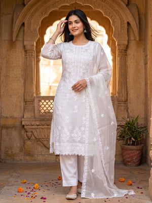 White Floral Embroidered Kota Doria Dress Material - Image 1