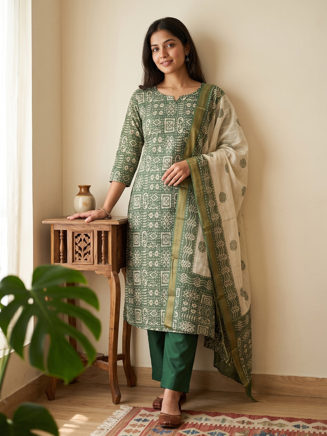 Green Printed Pure Cotton Dress Material - Image 1