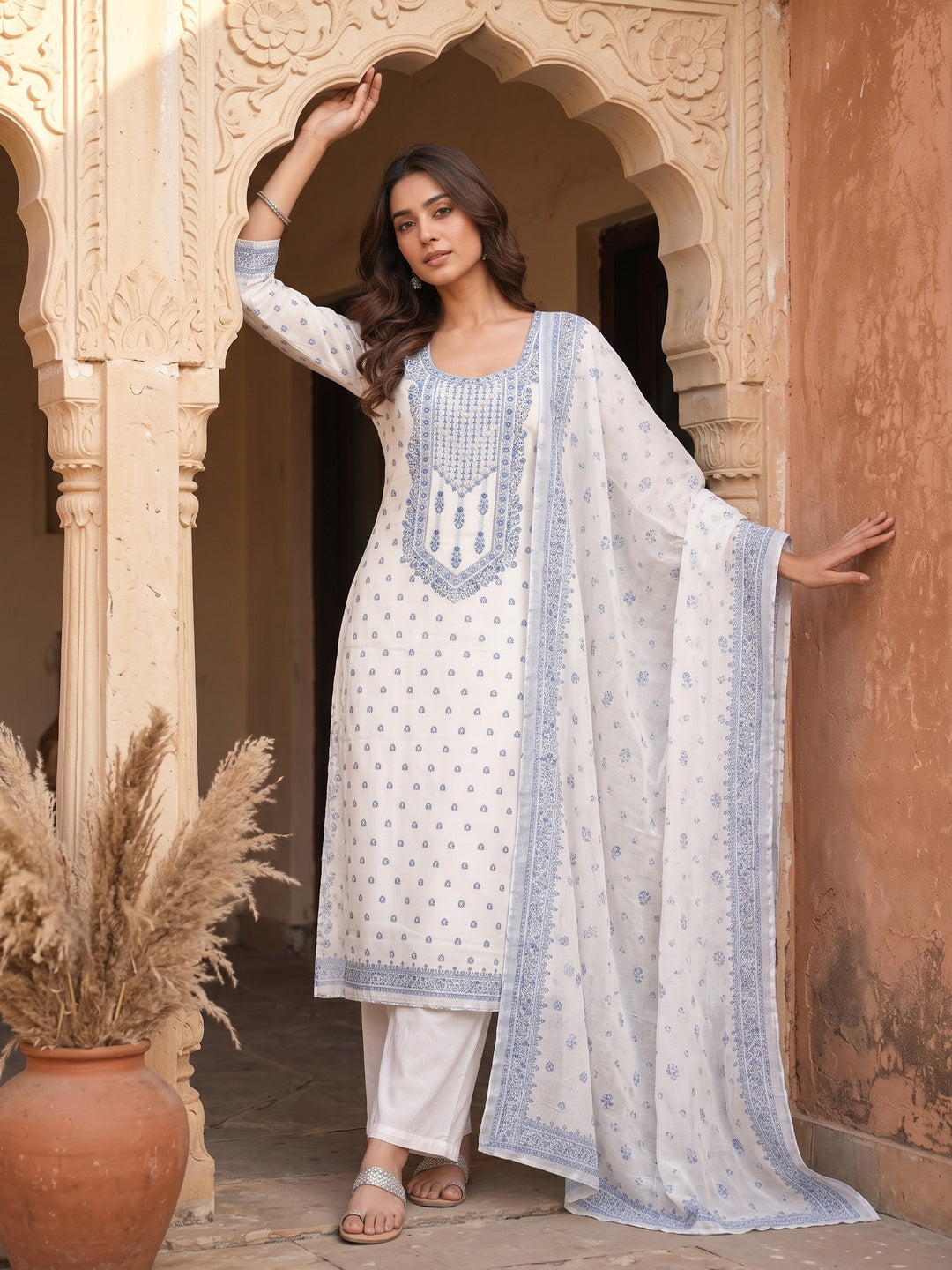 White & Blue Floral Woven Muslin Dress Material - Image 1