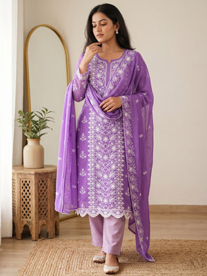 Lavender Floral Embroidered Georgette Dress Material - Image 1