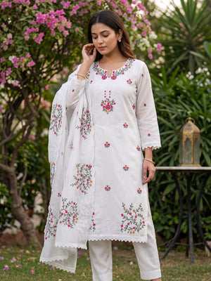 The Perfect Blend of Grace White Floral Sequins Embroidered Chanderi Dress Material - Image 1