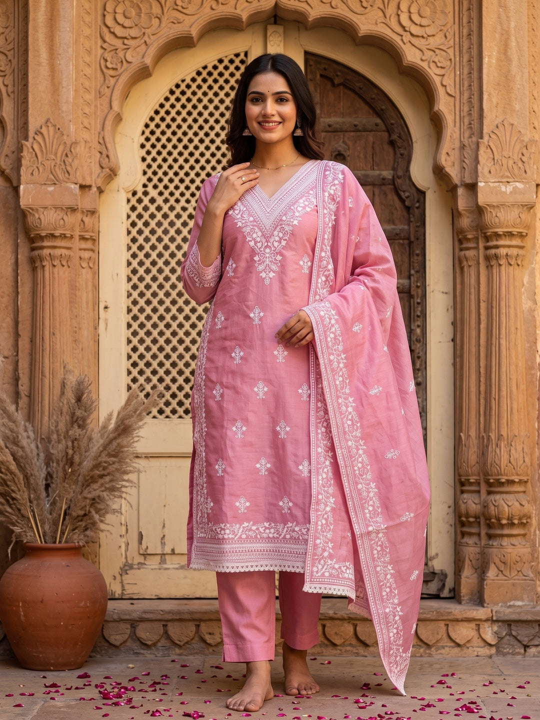 Traditional Pink Chanderi Silk Suit Fabric with Embroidered Floral Patterns - Image 1