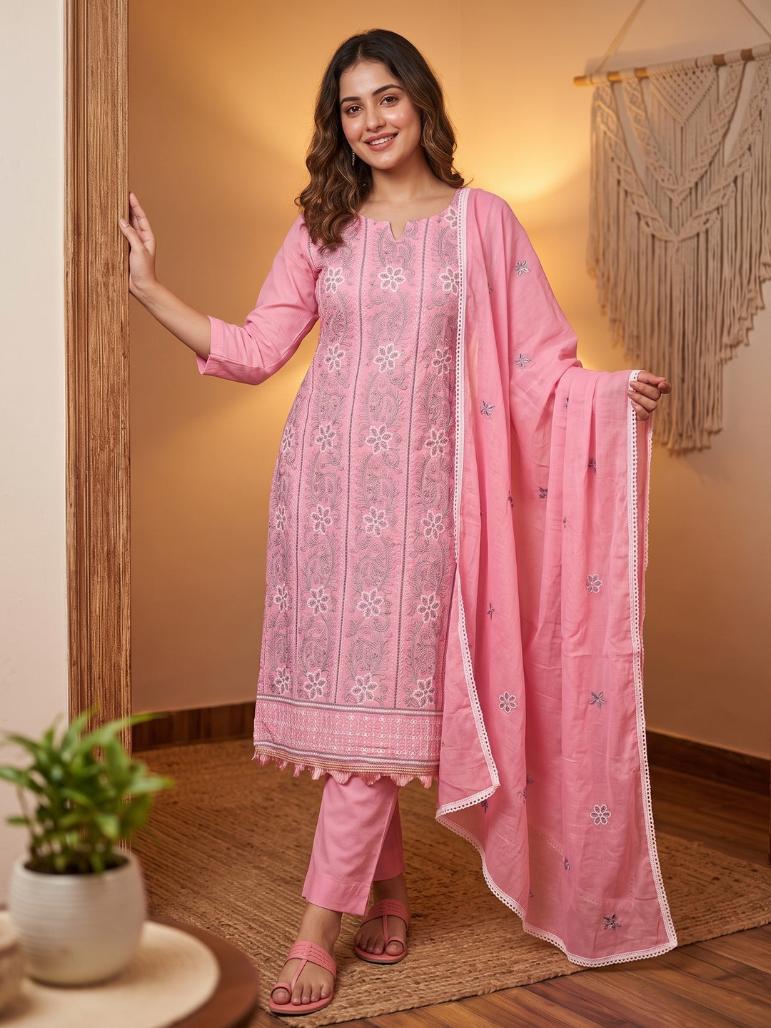Pink Cotton Blend Dress Material With Intricate Floral Thread Embroidery Work - Image 1