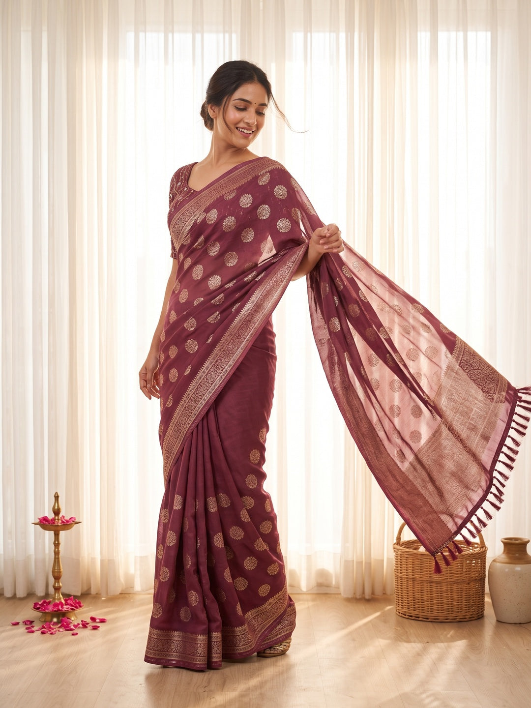 Elegant Mauve Foil Floral Printed Georgette Saree With Tassel Detailing Pallu - Image 1