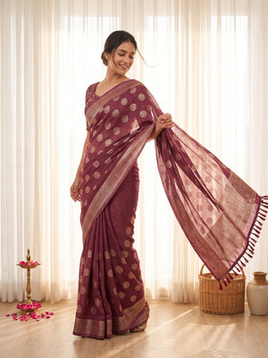 Elegant Mauve Foil Floral Printed Georgette Saree With Tassel Detailing Pallu - Image 1