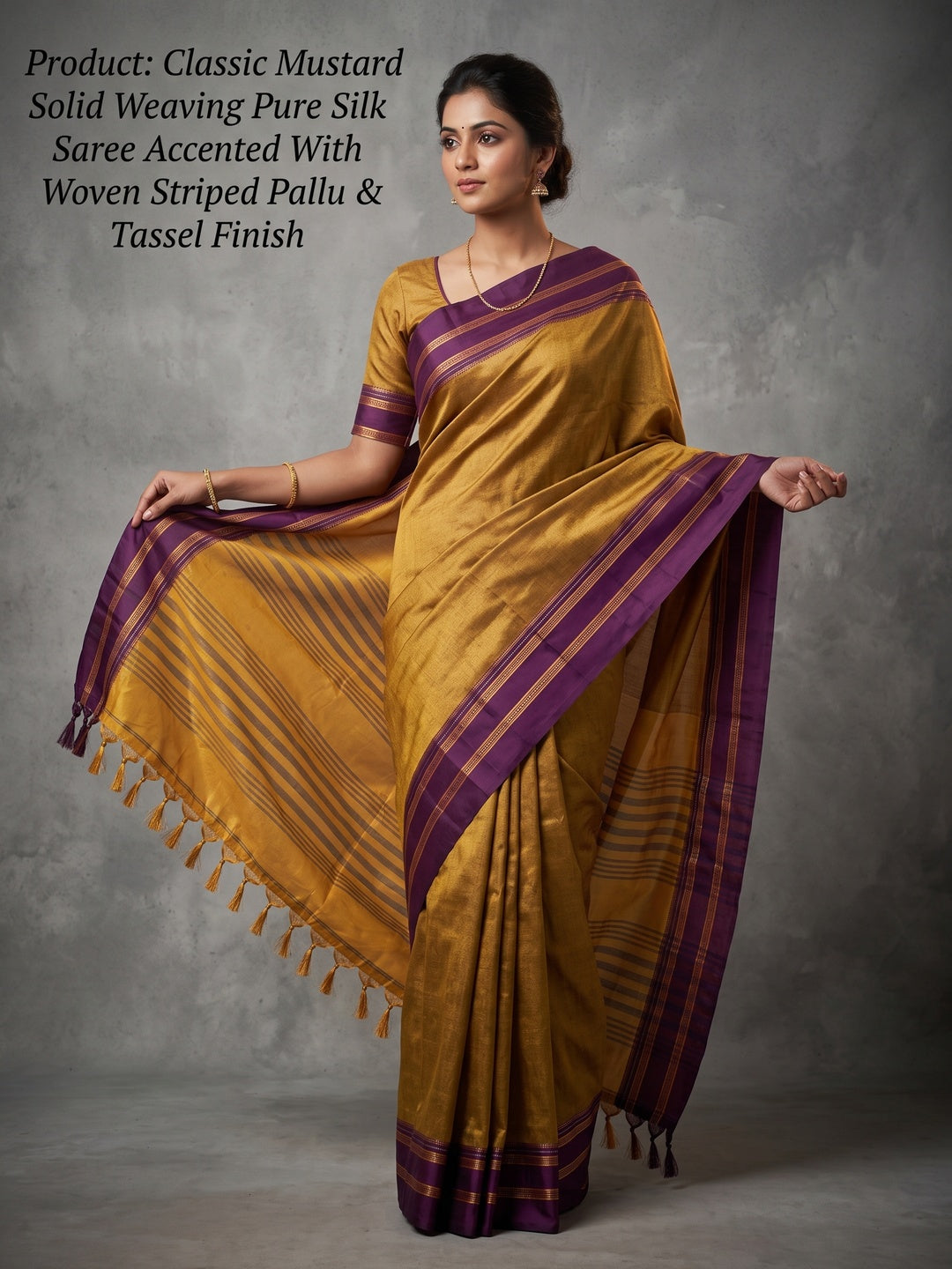 Classic Mustard Solid Weaving Pure Silk Saree Accented With Woven Striped Pallu & Tassel Finish - Image 2