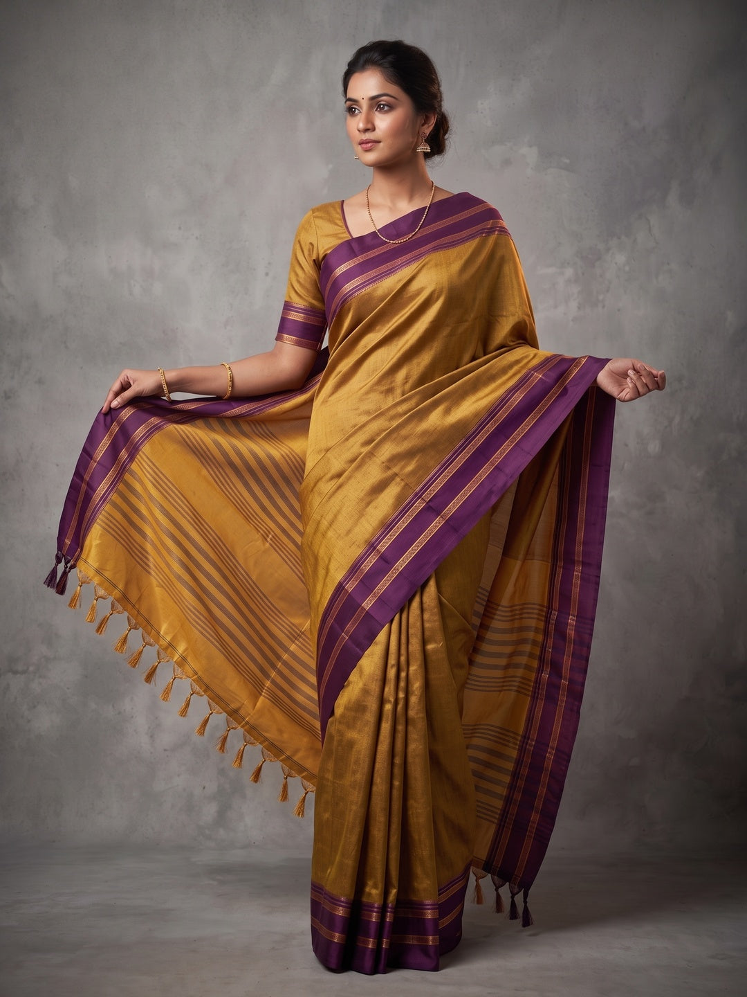Classic Mustard Solid Weaving Pure Silk Saree Accented With Woven Striped Pallu & Tassel Finish - Image 1