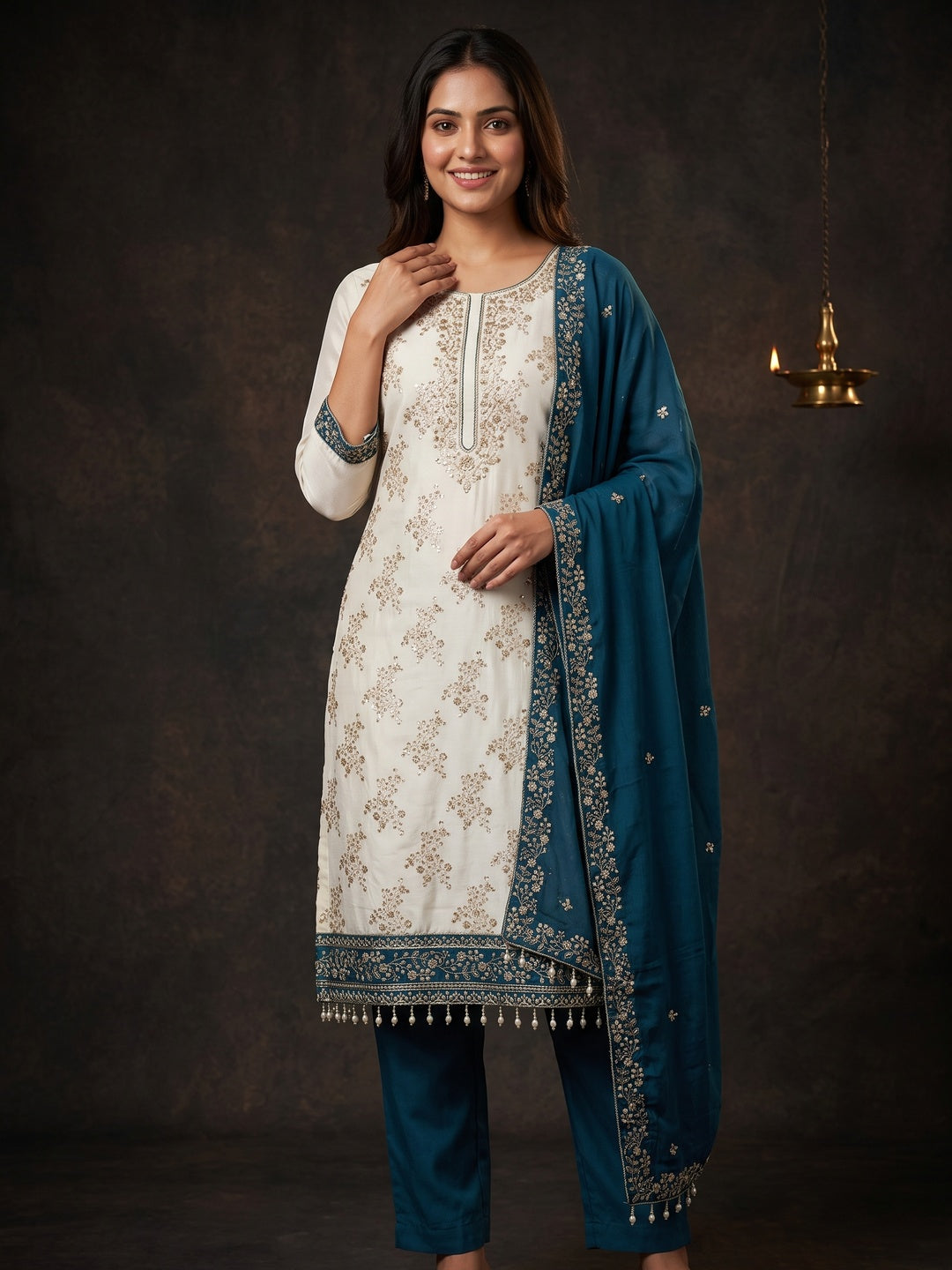 Teal and Off White Vichitra Silk Fabric with Embroidered Detailing - Image 1