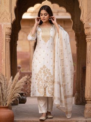 White Banarasi Silk Dress Material With Classic Zari Design - Image 1