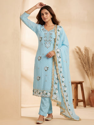 Sky Blue Georgette Dress Material With Exquisite Floral Embroidery & Shimmering Stonework - Image 1