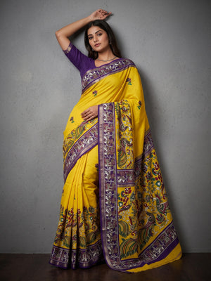 Yellow Kalamkari Printed Pure Mulmul Cotton Saree - Image 1