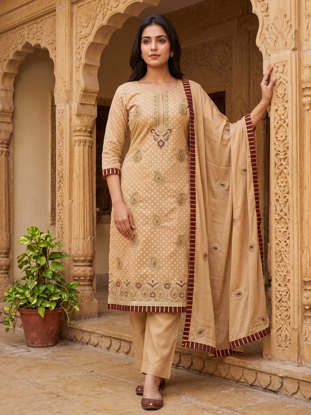 Cream Zardosi Work Fancy Fabric Dress Material - Image 1