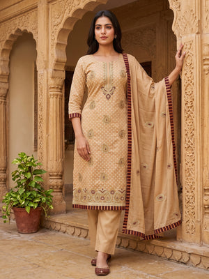 Cream Zardosi Work Fancy Fabric Dress Material - Image 1
