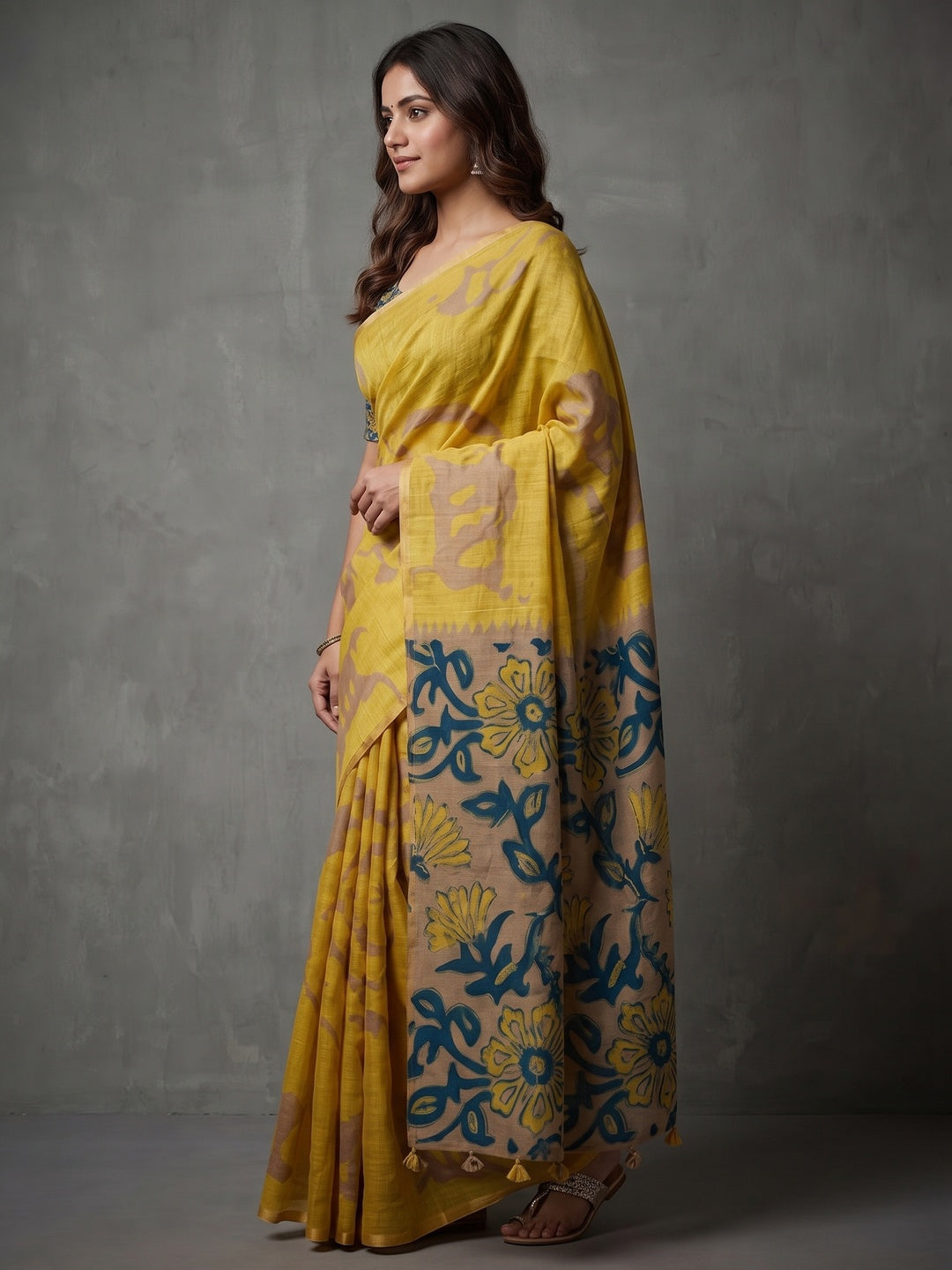 Elegant Yellow Abstract Print Linen Saree with Floral Blouse - Image 5