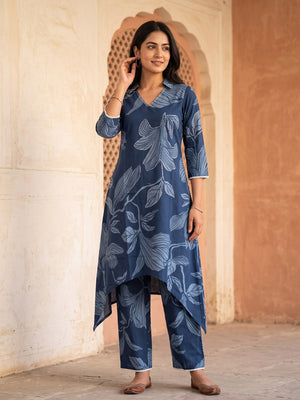 Navy Blue Floral Printed Pure Cotton A-Line Kurti Style Top and Bottom Set - Image 1