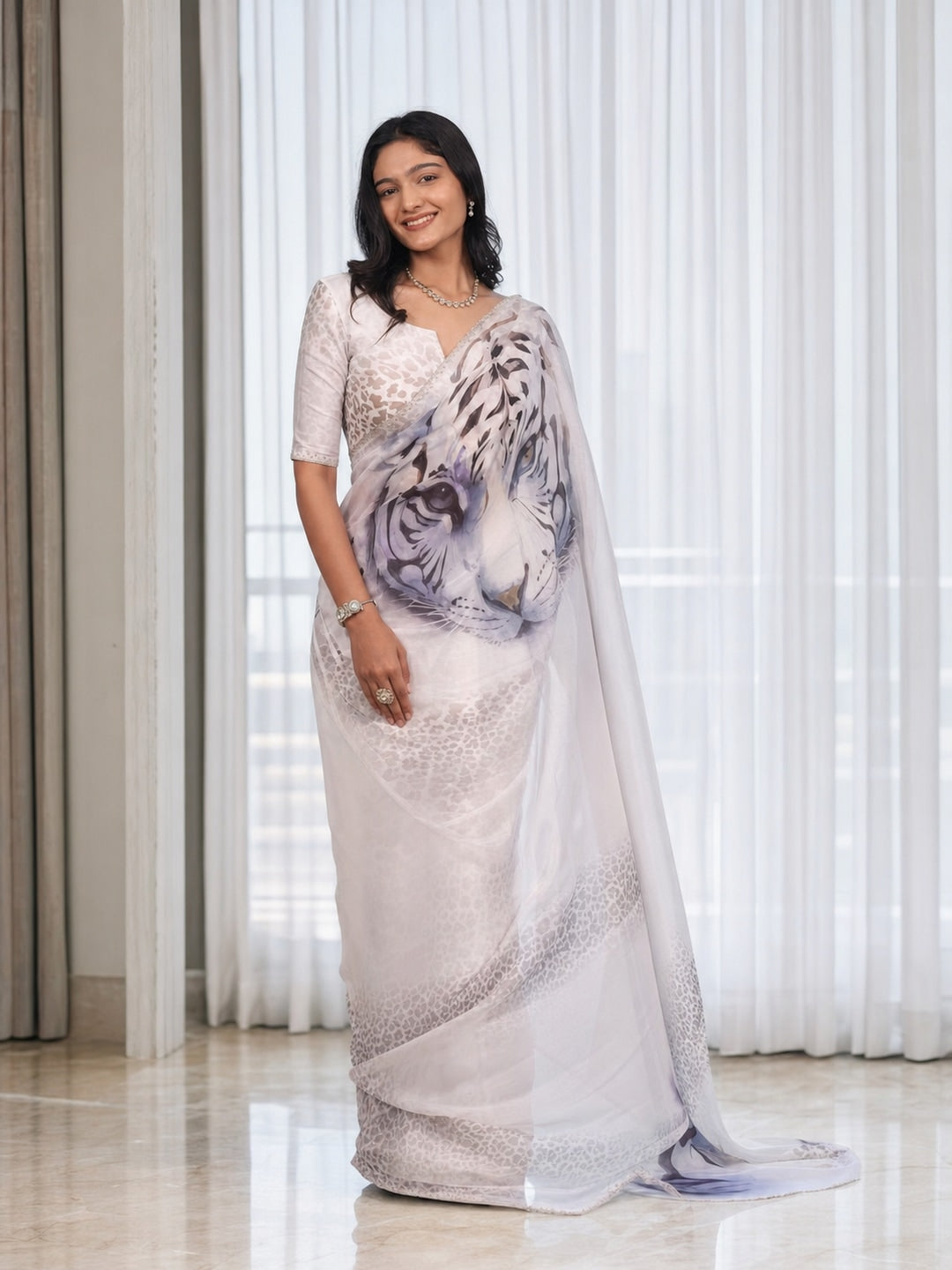 Peachmode White Tiger Printed Georgette Saree - Image 1