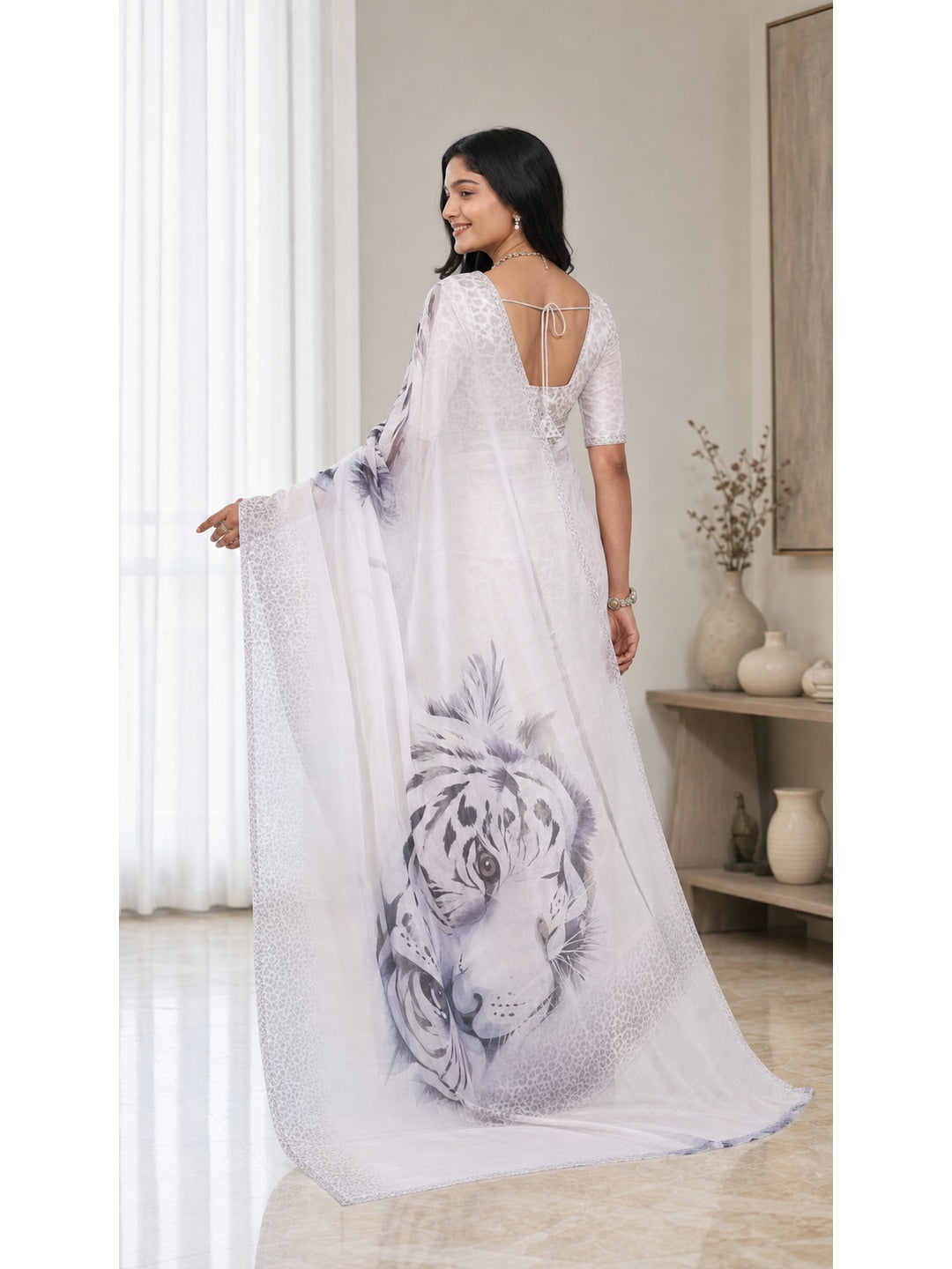 Peachmode White Tiger Printed Georgette Saree - Image 5