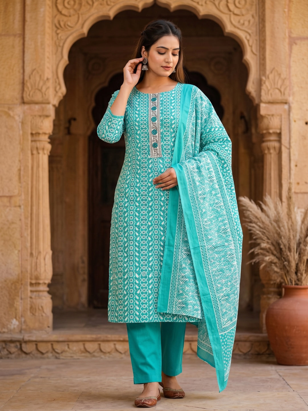 Turquoise Printed With Embroidered Cotton Blend Dress Material - Image 4