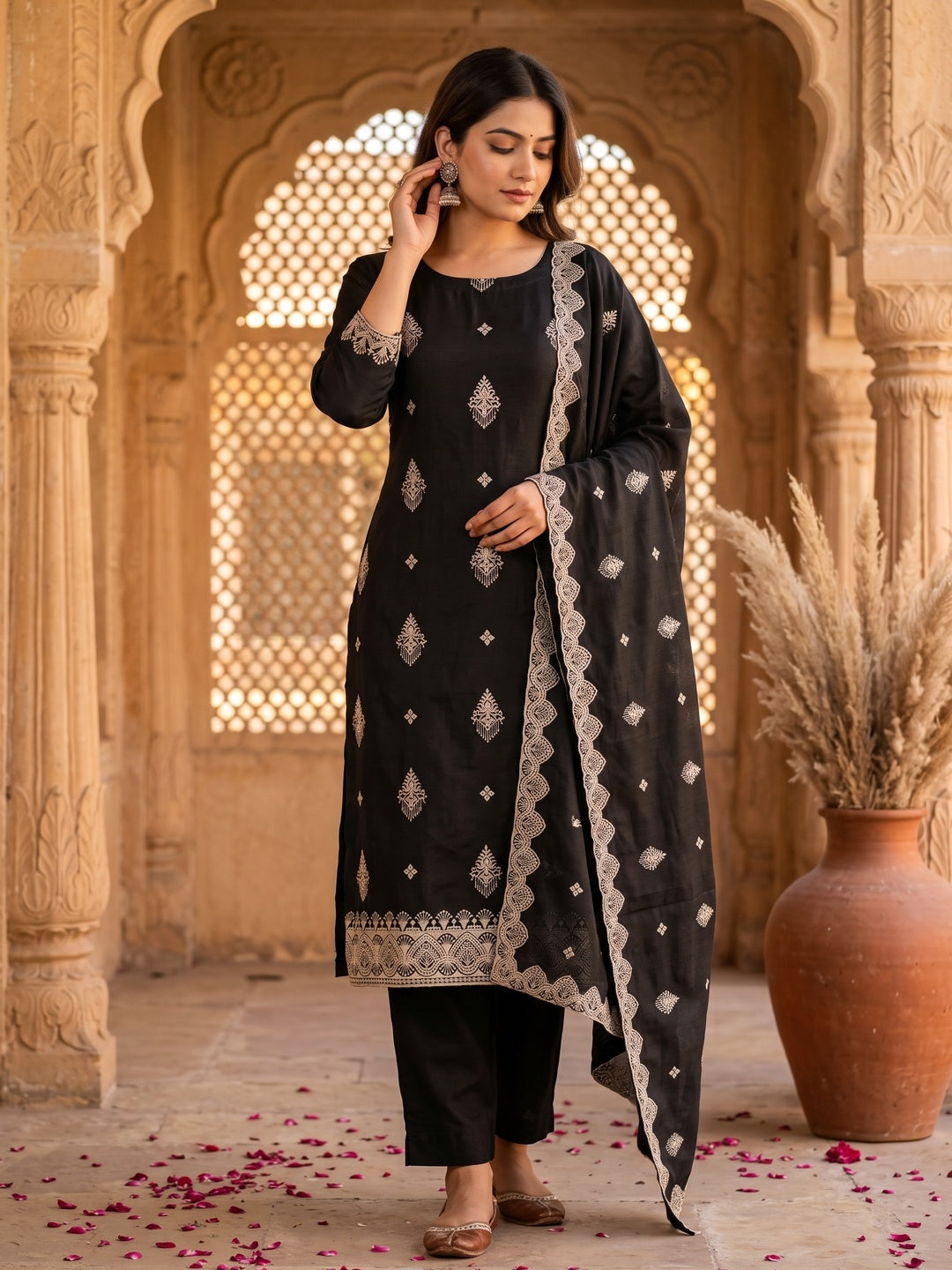 Black Vichitra Silk Dress Material With Intricate Floral Zari Embroidery - Image 1
