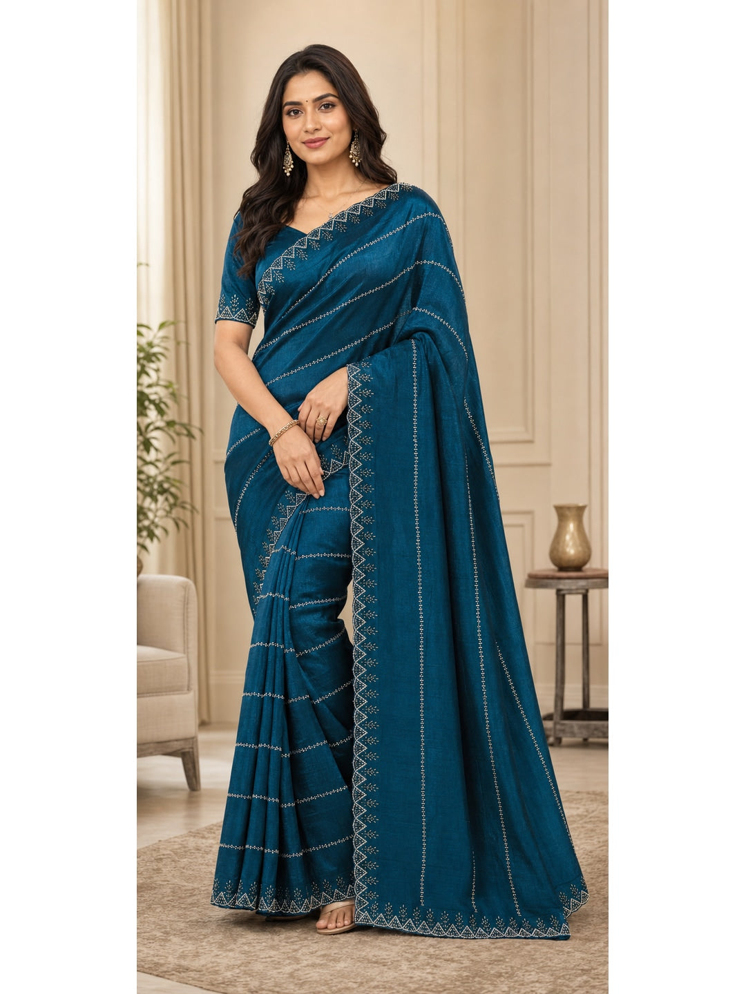Peachmode Teal Fendi Chiffon Embellished Saree - Image 1