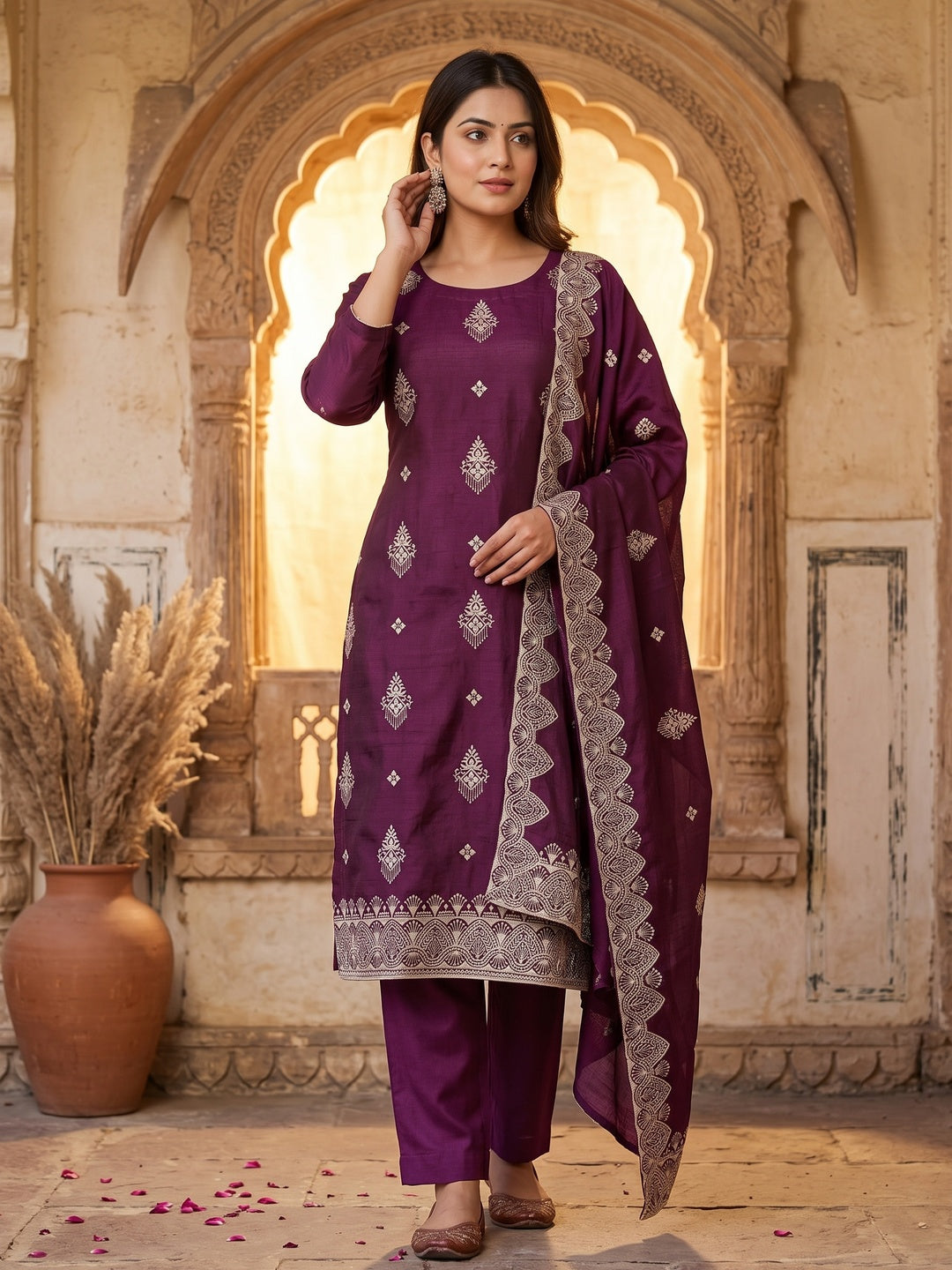 Wine Vichitra Silk Dress Material With Intricate Floral Zari Embroidery - Image 1