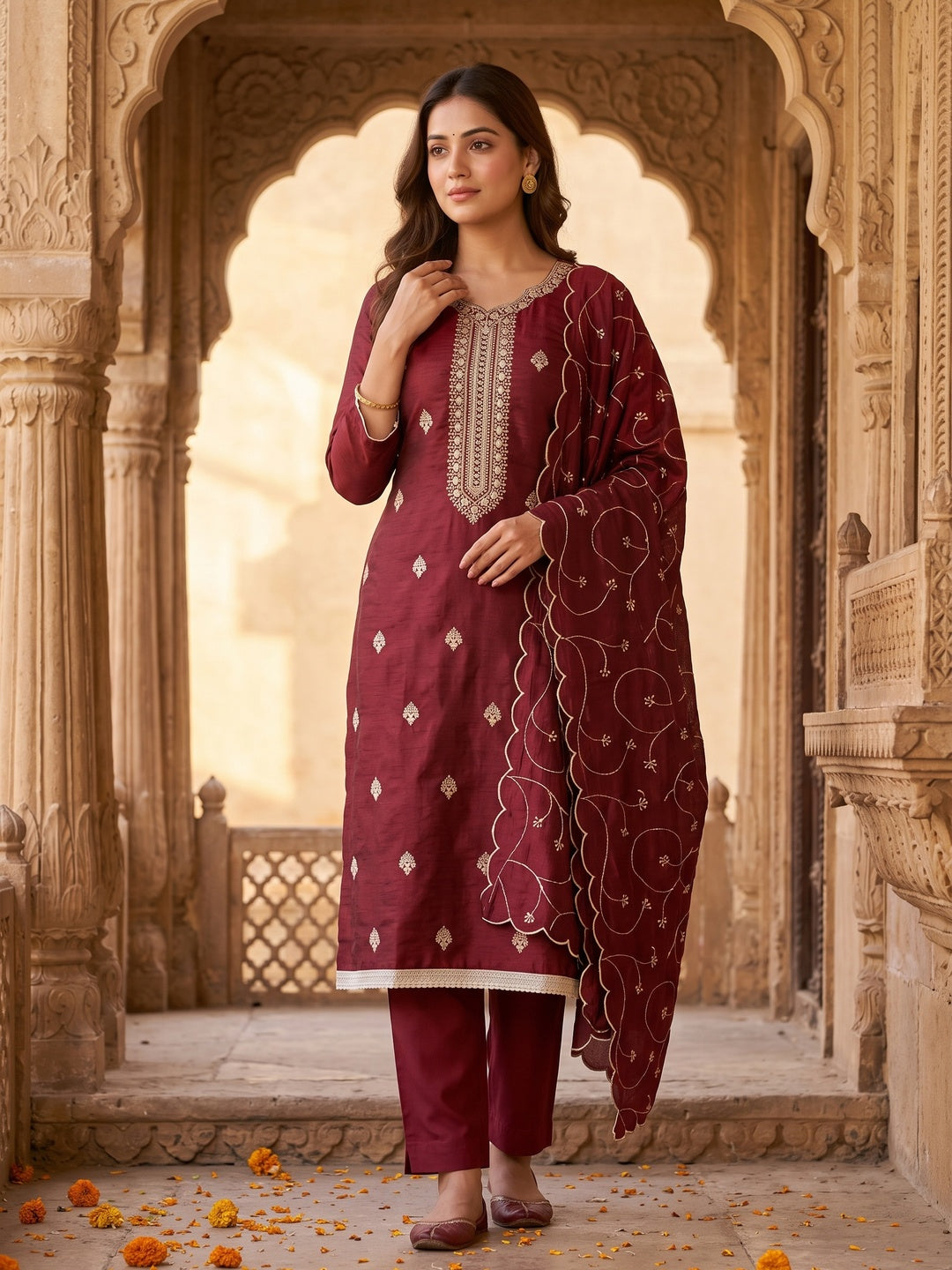 Maroon Vichitra Silk Dress Material with Graceful Floral Zari Embroidery - Image 1
