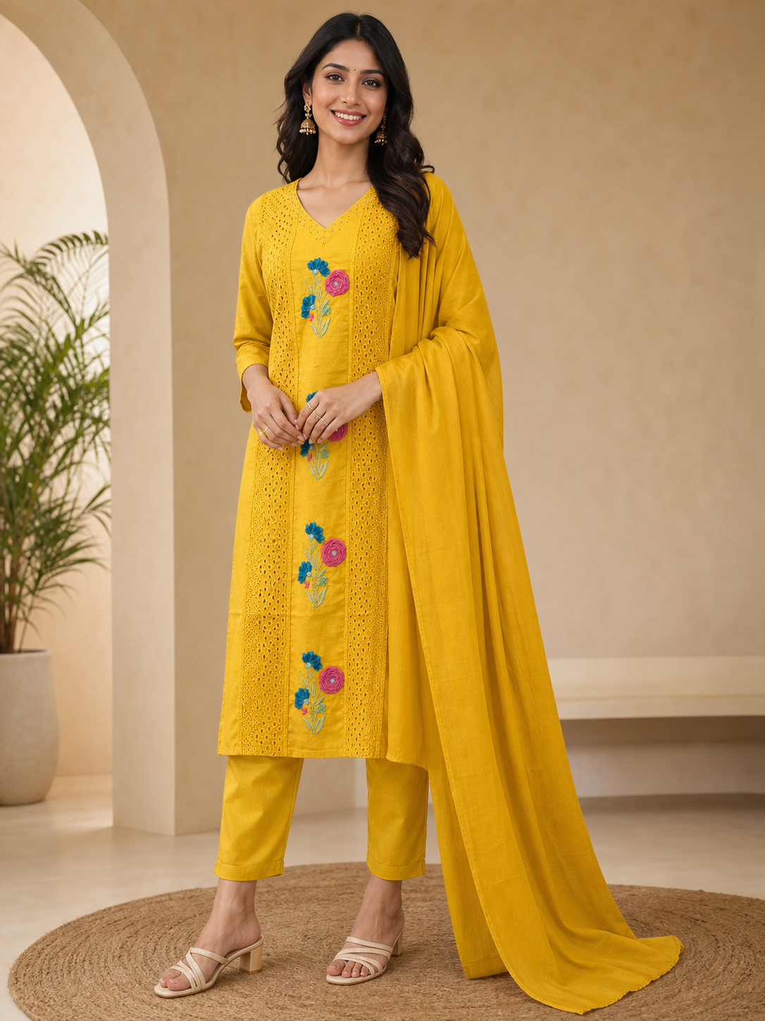 Peachmode Gold Mul Cotton Floral Embroidered Salwar Suit - Image 1